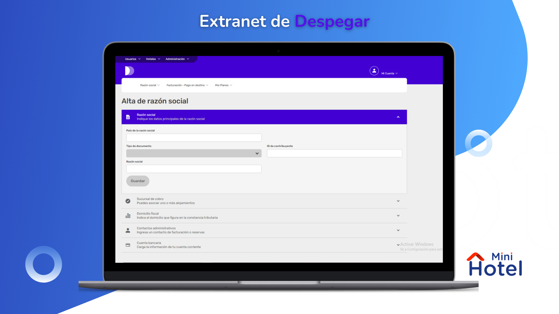 Carga de datos del alojamiento y alta de razón social en Despegar para activar el modelo prepago