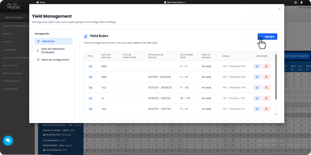 Pantalla principal de Yield Management con el listado de reglas activas