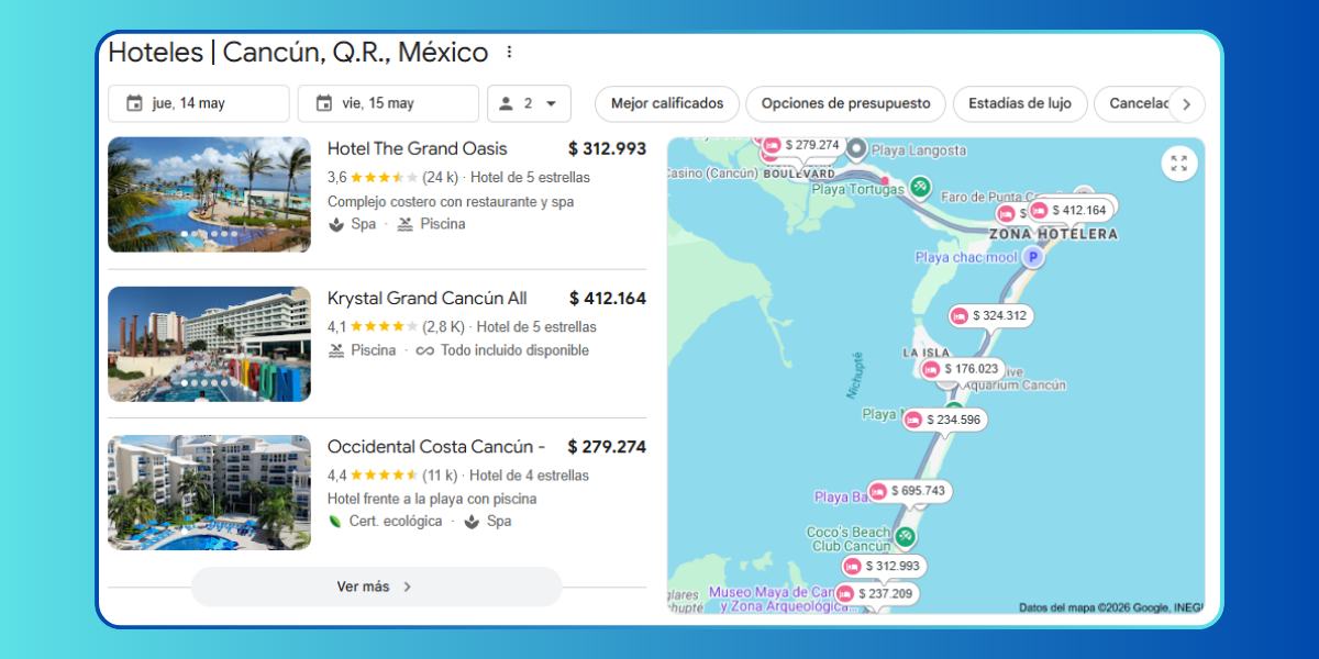 Módulo de Google Hotels en una búsqueda de destino con mapa, listado de hoteles y filtros