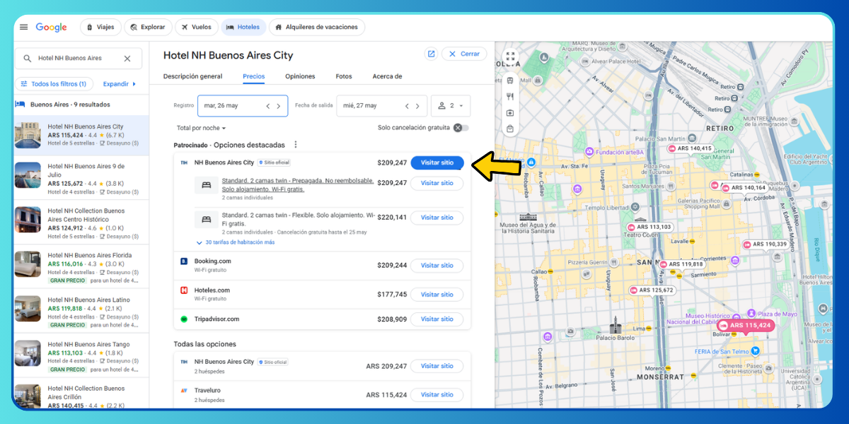 Comparador de precios en Google Hotels con la etiqueta Sitio web oficial destacada en el enlace directo del hotel