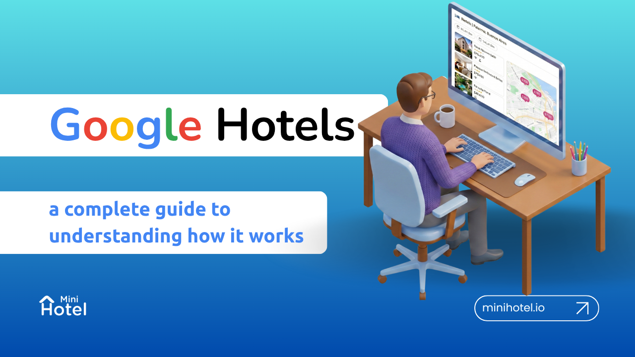 Google Hotels search results for a destination showing hotel listings, map, prices, and