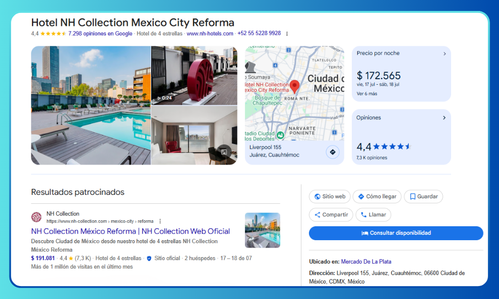 Ficha de Google Business Profile de un hotel con fotos, reseñas, mapa y botón de consultar disponibilidad en Google Hotels