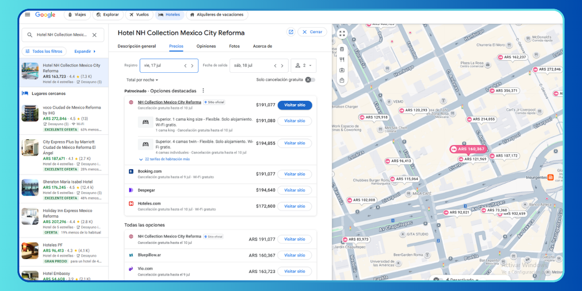 Comparador de precios en Google Hotels mostrando varias OTAs y el sitio directo del hotel ordenados por tarifa