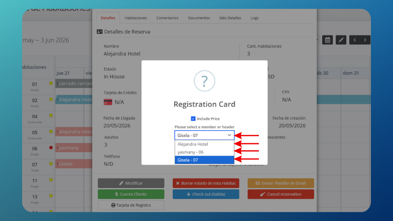 Modal Registration Card with room selector displayed in MiniHotel