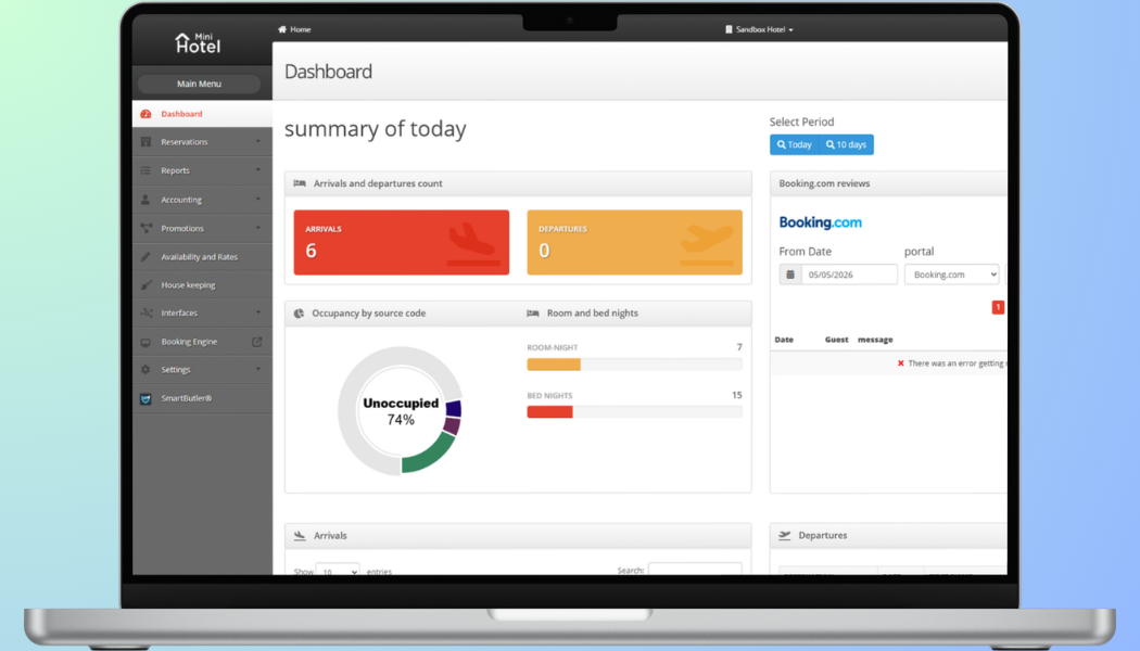 Hotel management software for small hotels — MiniHotel dashboard showing occupancy, arrivals, and departures