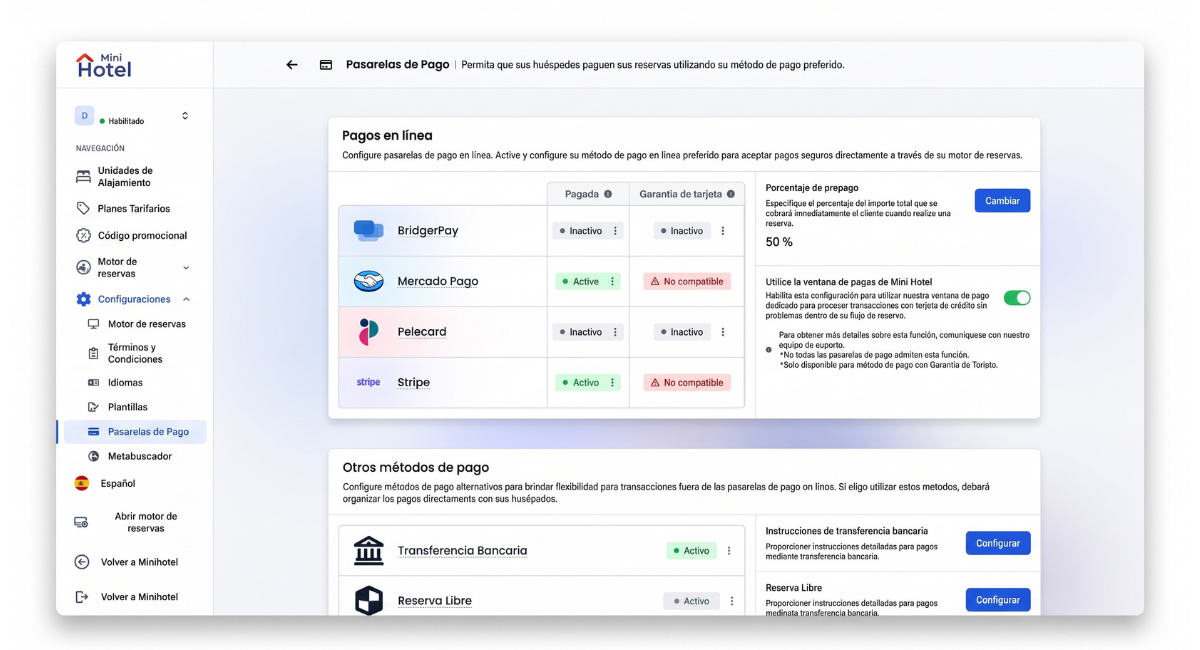 Payment gateway settings in the MiniHotel Booking Engine