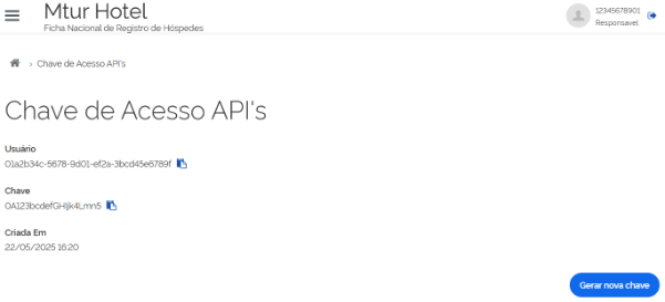 Tela de chave de acesso das APIs no portal do FNRH Digital, com usuário, chave e o botão de gerar nova chave