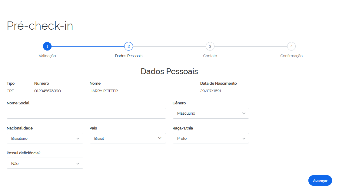 Tela de dados pessoais do pré check-in da Plataforma FNRH Digital, com os campos que o hóspede preenche