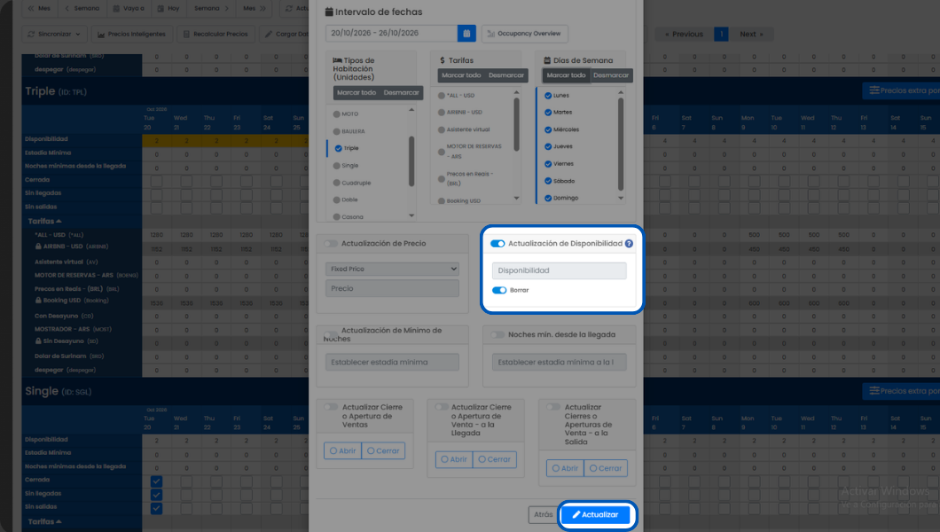 Janela Carregar Dados com Atualização de Disponibilidade ativada e a opção Excluir marcada