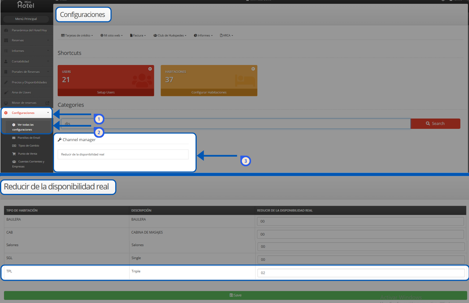 Percurso Configurações, Ver todas as configurações e Channel manager até a tela Reduzir da disponibilidade real, com a linha Triplo destacada