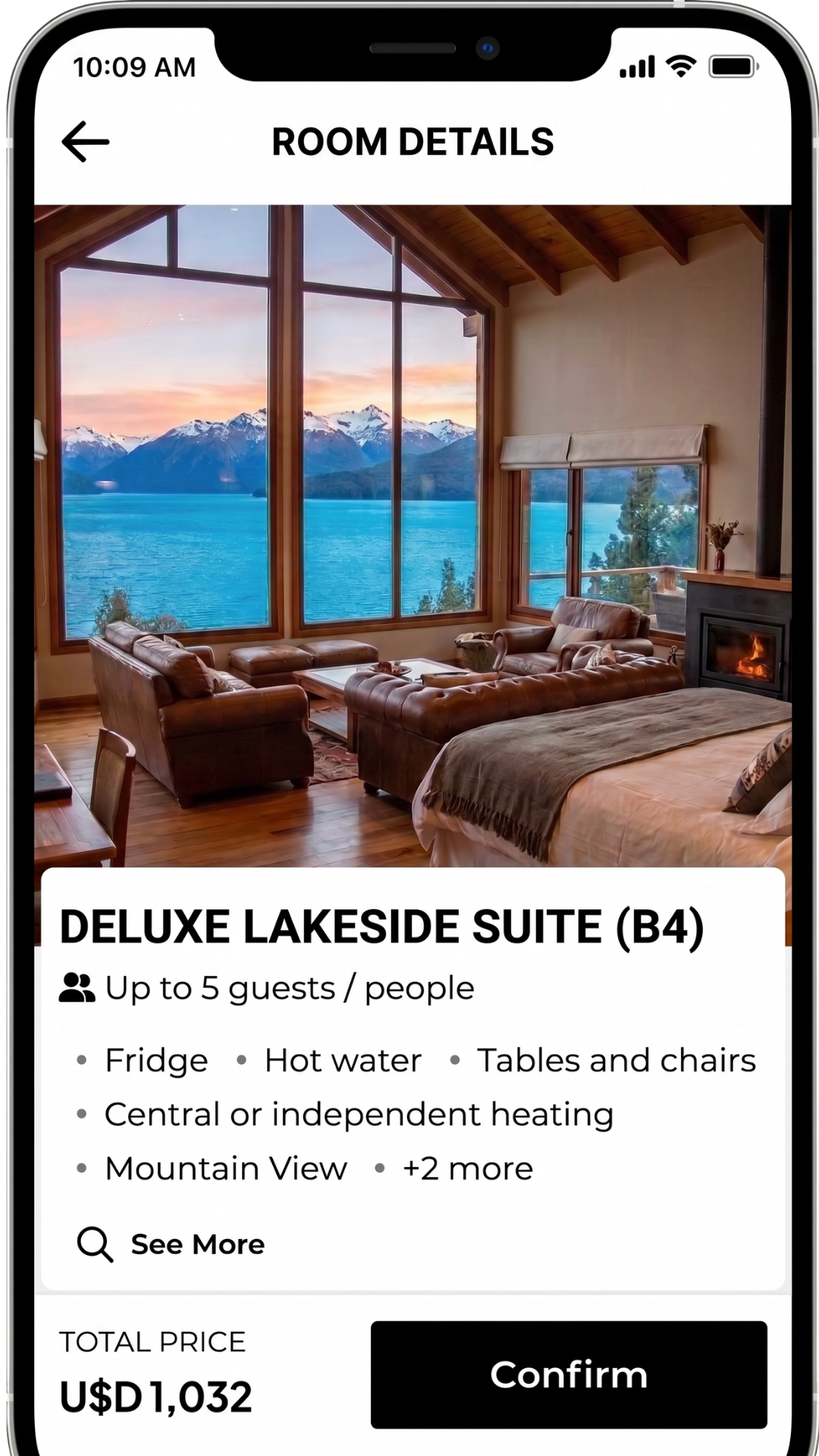 Detail of a room in MiniHotel's Booking Engine on a phone, with the total price and the button to confirm