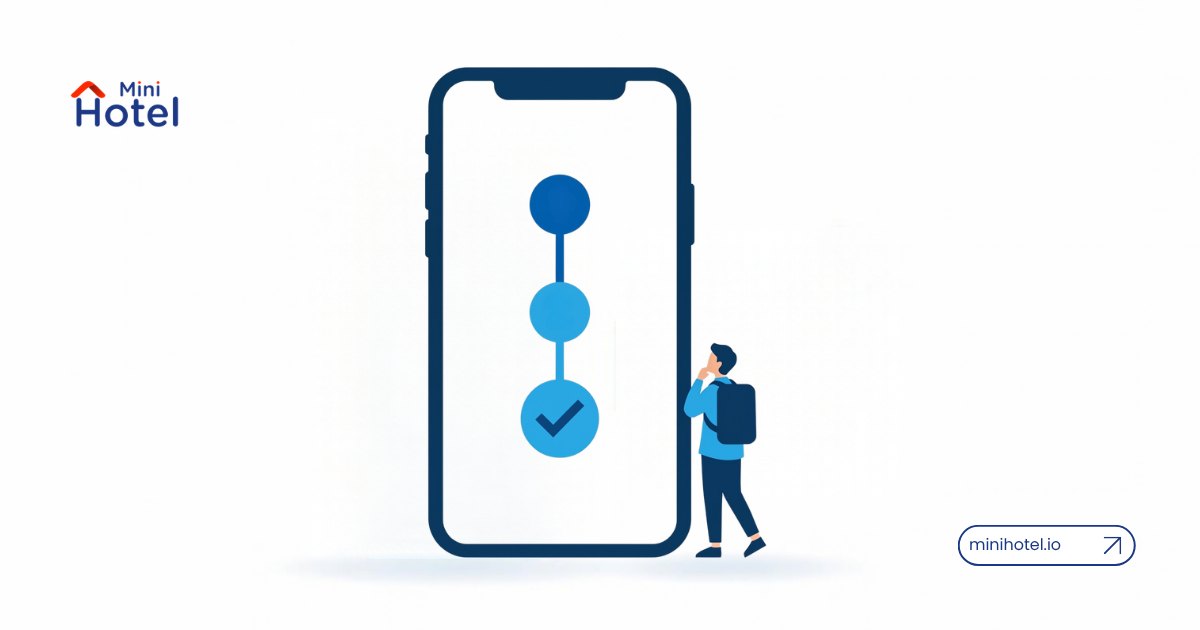 Illustration about booking abandonment in a hotel: a traveler with a backpack looks at a phone showing a three-step booking